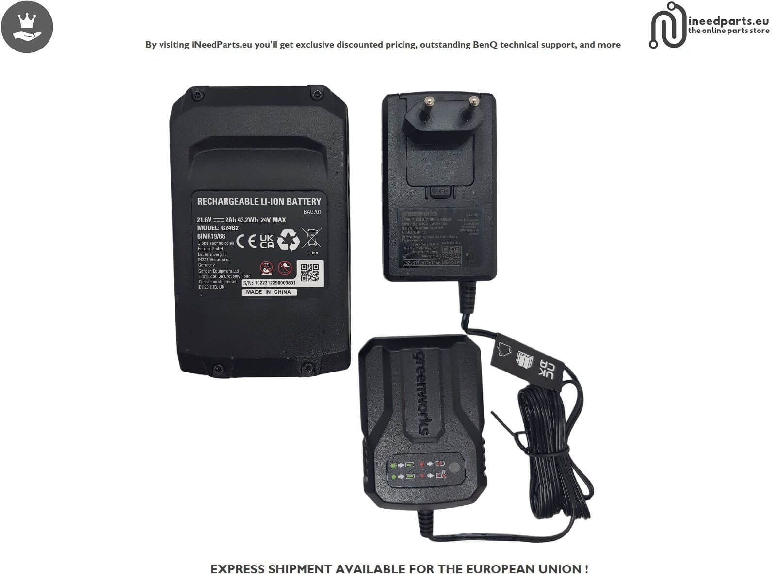 Battery and Charger for Greenworks G24SHTK2 21.6 V---2 AH,  G24B2  6INR19/66